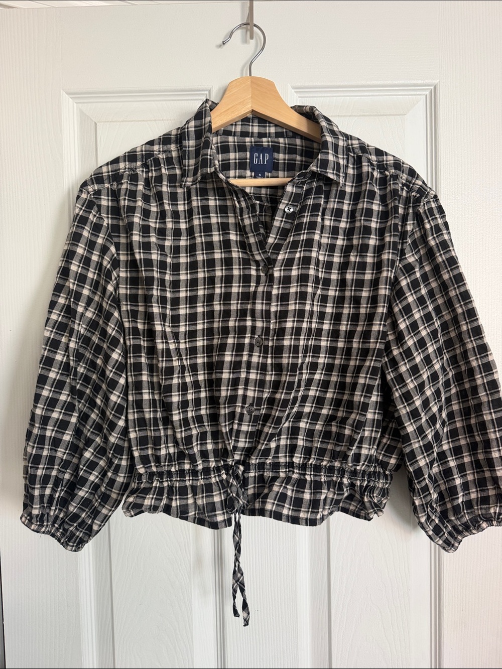 GAP Black and White Plaid Button-Down Shirt with Drawstring Hem